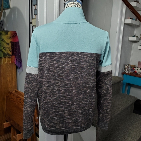 TEAL, WHITE, & BLACK & BROWN BLENDED PULLOVER "LOVE" 1/4 ZIP PULLOVER SWEATSHIRT - Picture 6 of 15